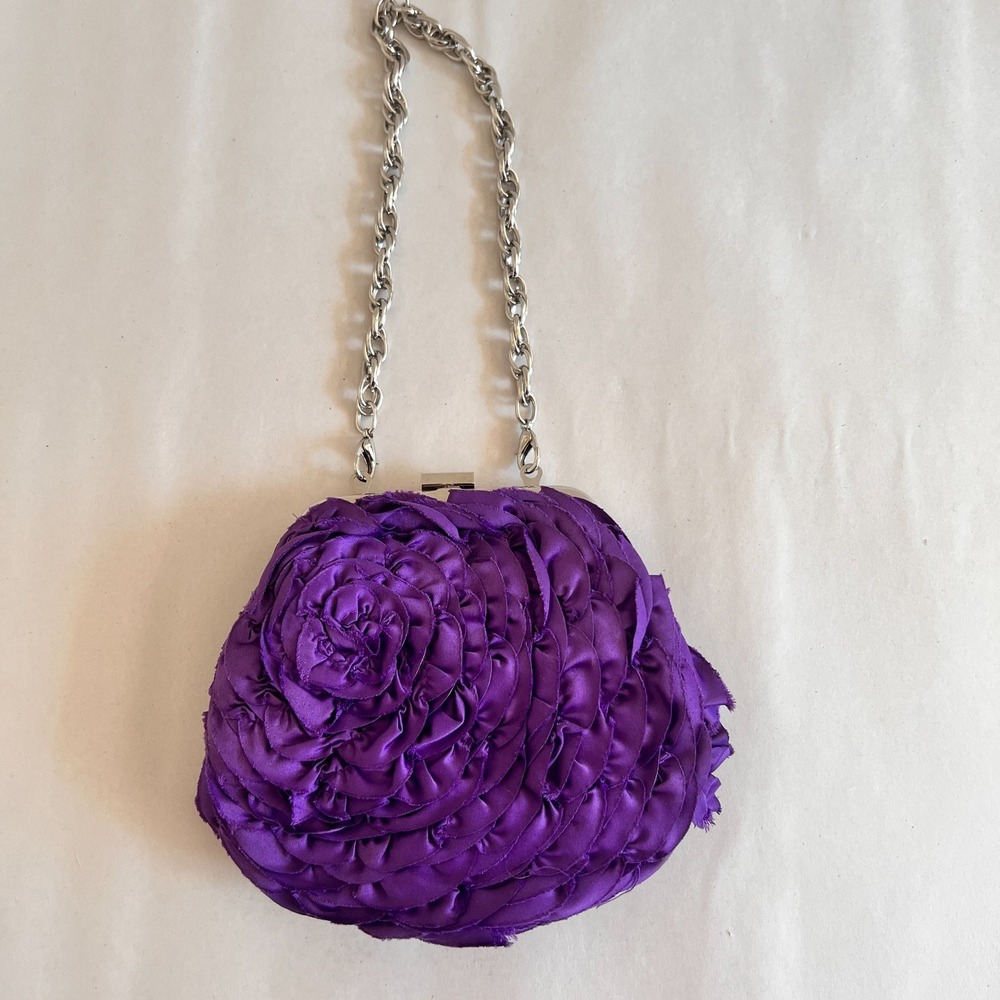 WHBM Womens Rosette Floral Evening Purse 3D Purple Chain Event Wedding Handbag - Picture 3 of 12